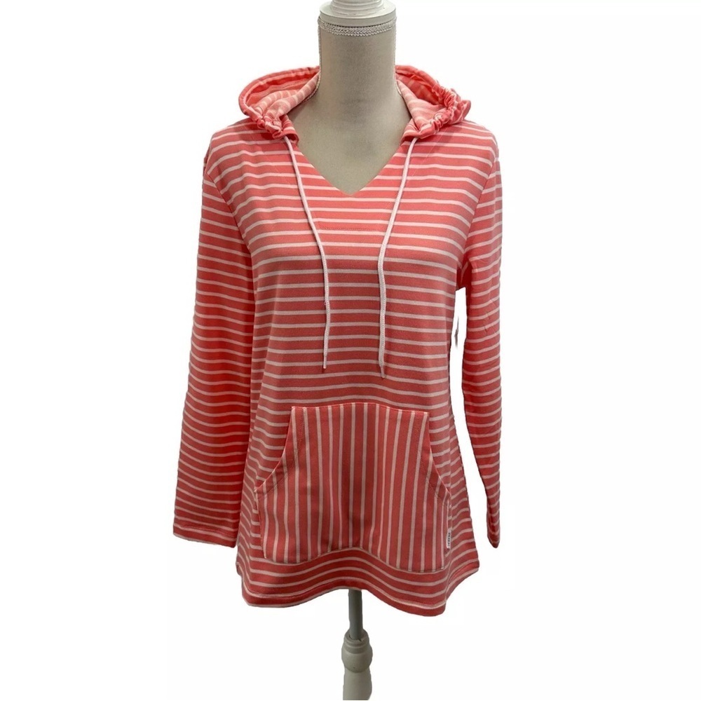 NWT RBX V Neck Hooded Sweatshirt Women’s Medium Mid Pocket French Terry Striped